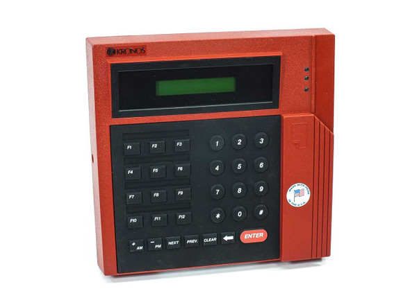 Kronos 460F Time Clock Terminal front view showing red enclosure, LCD display, numeric keypad, function keys, and magnetic stripe card reader slot