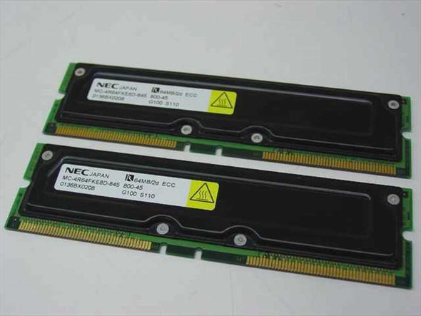 NEC MC-4R64FKE8D-845 64MB ECC RDRAM RIMM pair – front label view showing both modules