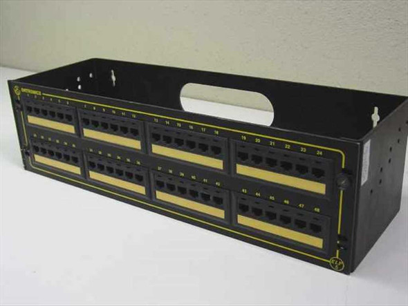 Ortronics OR-851004912 ELP5 48-port RJ-45 patch panel — front and top angled view showing port rows and Ortronics logo