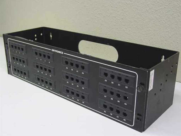 Ortronics OR-809004910 48-port modular patch panel – angled front view showing port face and black metal chassis