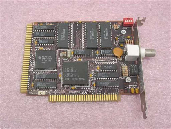 Novell 901-301173-002 ISA coax NIC — component side reverse angle showing SPARX CXI-GA-21 main controller chip, memory ICs, BNC connector, and red DIP switch block