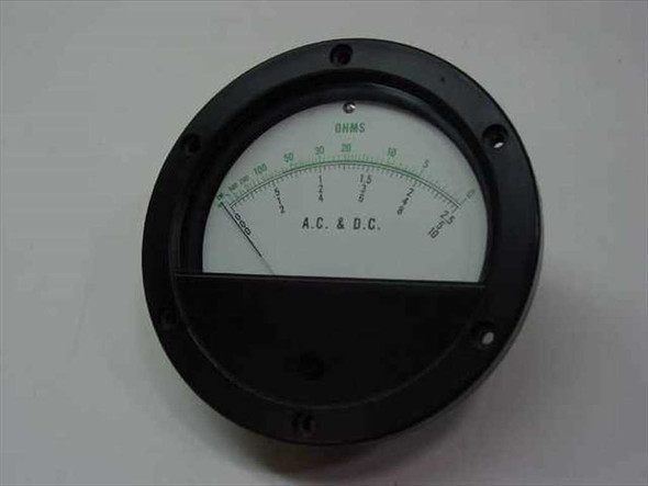 Q.V.S. Inc MOD-450R analog ohm meter movement front view showing OHMS scale with A.C. & D.C. marking and 4.5 inch round black housing