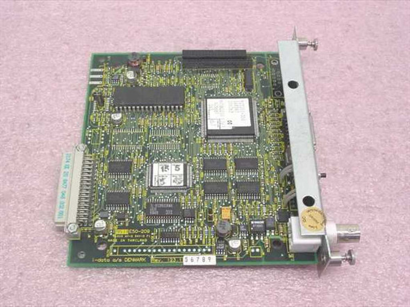 i-data X12 202 E50-209 print server PCB rear/top view showing main ICs, memory chips, i-data a/s Denmark silkscreen, and BNC connector