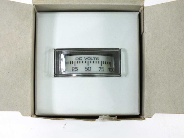 Modutec ME DVV 100 U DC voltmeter dial face showing 0-100V scale, viewed from above in open box