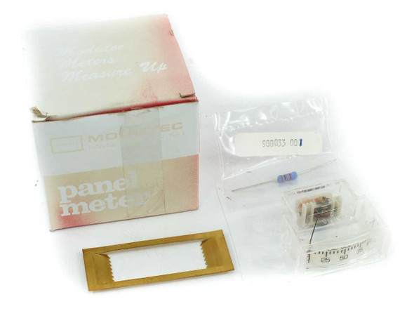Modutec ME DVV 100 U panel meter in original box with 20k ohm series resistor in bag and gold mounting gasket visible