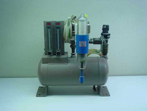Brunner Engineering 3.8 Gal Air Station Tank front view showing dual Dwyer flow meters on left, central water separator filter, and inlet regulator on right