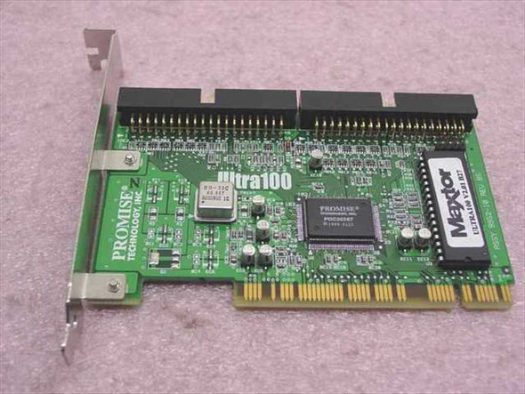 Promise Technology Ultra100 PCI IDE controller card 9952-10 Rev B5 — top view showing dual IDE connectors, Promise controller chip, and Maxtor BIOS chip