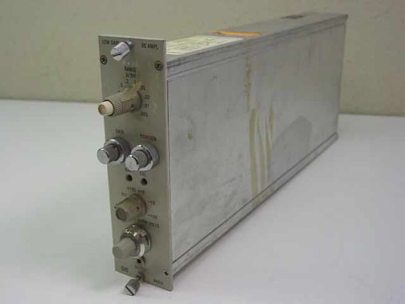 HP 8801A Low Gain DC Amplifier plug-in module — angled front and right-side view showing front panel controls and aluminum chassis with staining on side