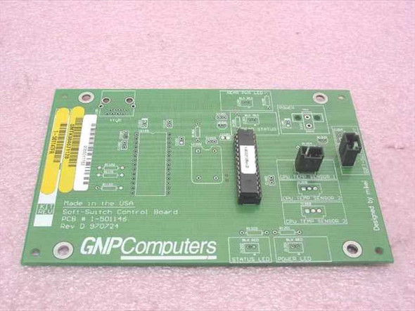 GNP Computers Soft-Switch Control Board 1-501146 SMTK984671128 Rev D — top component side showing main IC, connectors, and status LED pads