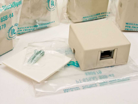 Premier PT-625A2-8SB-44 surface mount wall jack unboxed showing ivory housing, RJ-45 port, mounting screws, and wall plate on white background