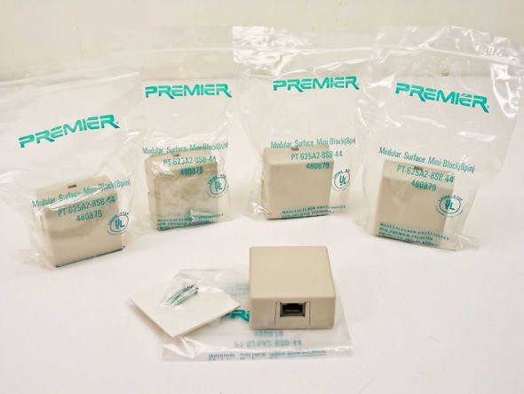 Lot of 5 Premier PT-625A2-8SB-44 RJ-45 8-pin surface mount mini block wall jacks in original sealed Premier packaging with one unit opened showing jack and mounting hardware