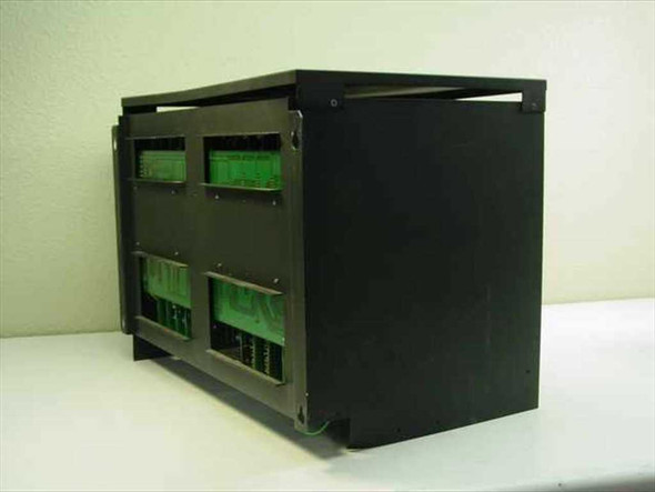 Isoetec EZ-1/96 12100 PBX phone system rear view showing two rows of card connectors and green PCB edge connections on black steel chassis