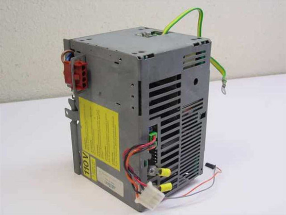 Alitec ALI LA21 N 110V industrial power supply – right side view showing vented heatsink, yellow 110V warning label, red multi-pin output connector, and wire harness
