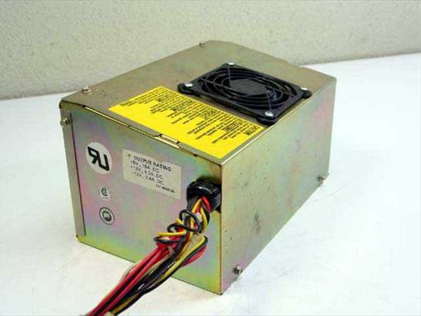 RU 8631 AT XT power supply — left side and rear view showing UL listing mark, yellow output rating label, cooling fan on top, and attached red, black, and yellow Molex power harness cables