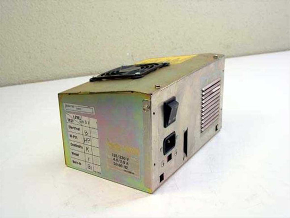 RU 8631 AT XT vintage PC power supply — right side and top view showing external rocker power switch, IEC AC inlet, cooling fan, and partially legible manufacturer label with 115/230V 50-60Hz rating