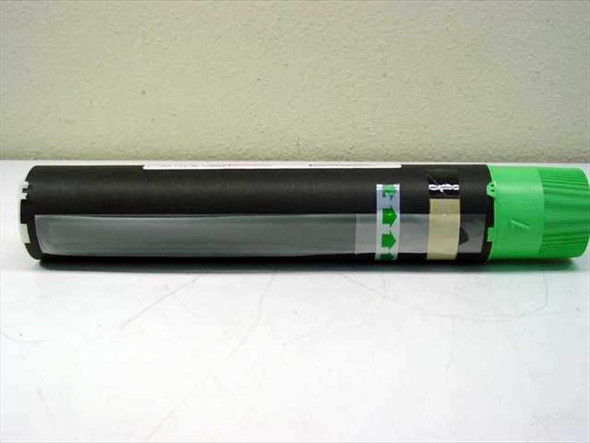 Ricoh Type 410 FT Toner cartridge — side view showing black body and green end cap with tape seal intact