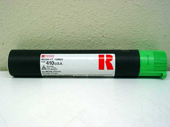 Ricoh Type 410 FT Toner cartridge — front label view showing Type 410 U.S.A. designation and Ricoh branding