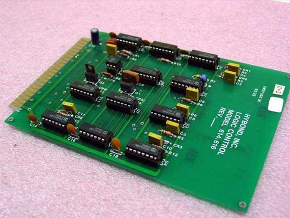HyBond Inc. Model 614 616 Logic Control Card PCB – top component side, angled left view showing label and DIP IC layout