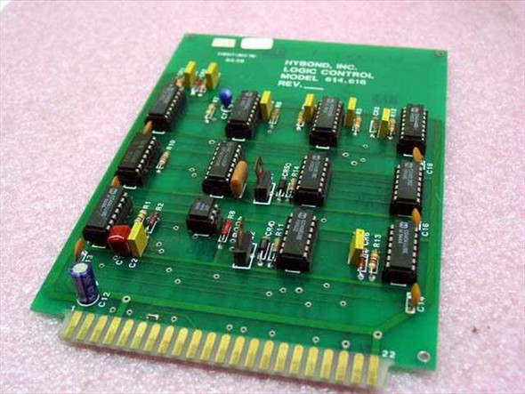 HyBond Inc. Model 614 616 Logic Control Card PCB – top component side, angled right view showing DIP ICs and edge connector