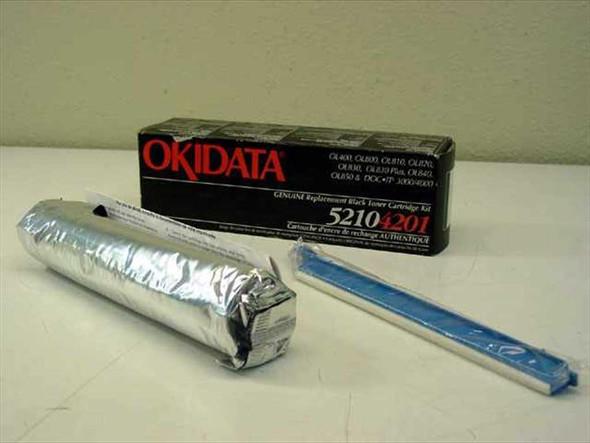Okidata 52104201 Genuine Black Toner Cartridge Kit — box, foil-wrapped toner cartridge, and cleaning roller laid out