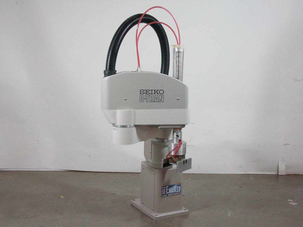 Seiko TT8450 D-Tran SCARA Robot with Robohand RP-15 end effector — left front view showing full robot arm and pedestal base with Agile Enabled label