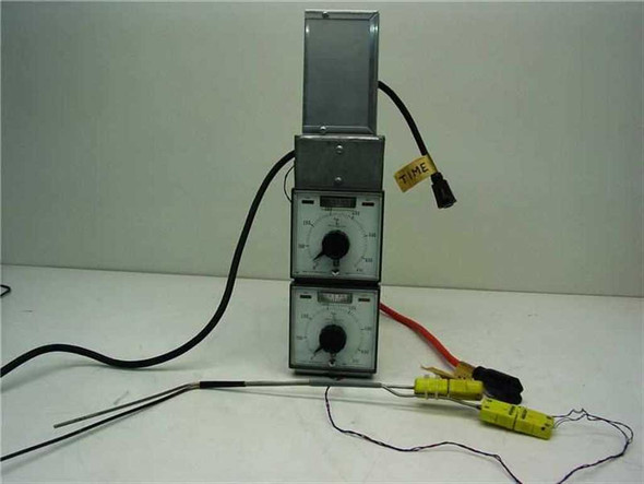 Weather Measure TPC-1 Type K dual temperature controller lot — two stacked units with Omega thermocouple probes and power cables, front view
