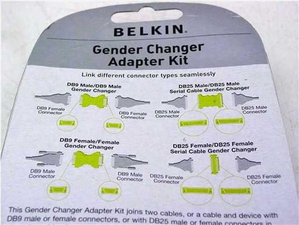 Belkin Gender Changer Adapter Kit packaging closeup showing all four adapter types: DB9 M/M, DB25 M/M, DB9 F/F, DB25 F/F serial gender changers