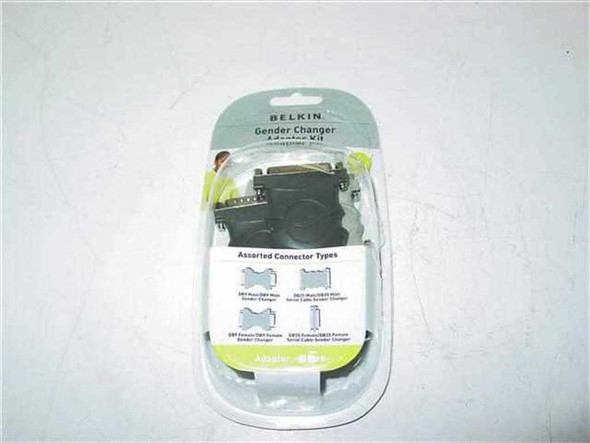 Belkin Gender Changer Adapter Kit in original retail clamshell packaging, front view showing product and connector diagrams