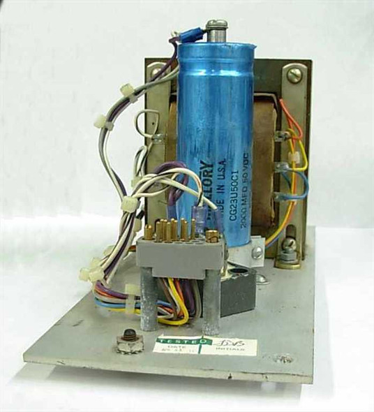 Front view of 2T23-17 power supply assembly with Mallory CG23U50C1 2000µF capacitor and multi-pin connector block; tested label visible on base