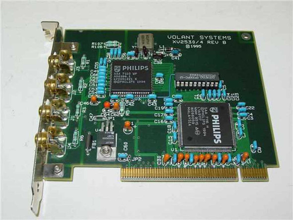 Volant Systems XV2530/4 Rev B PCI video capture card – component side showing Philips chipsets and four RCA input connectors on bracket