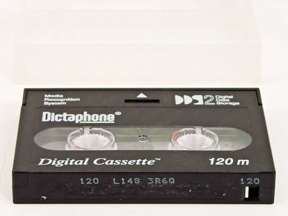 Dictaphone DDS-2 120M Digital Cassette tape front face showing Media Recognition System label and tape reels – close-up front view