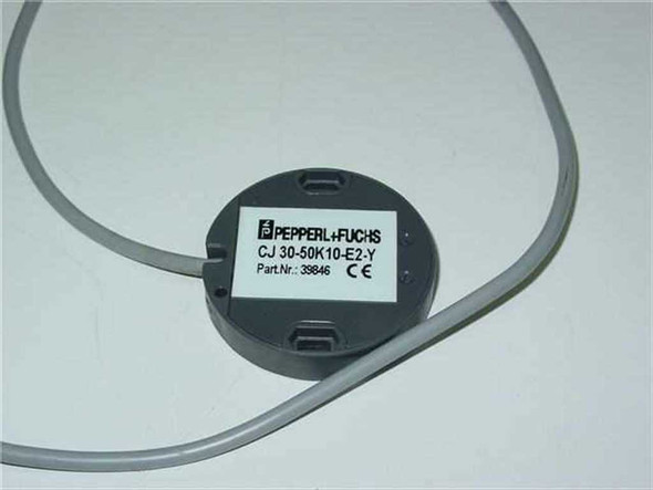 Pepperl+Fuchs CJ30-50K10-E2-Y label showing model number CJ30-50K10-E2-Y and Part No. 39846 with CE mark
