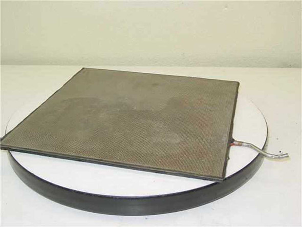 Stainless steel air circulation plate 13-5/8 x 13-5/8 x 3/8 inch — top angle view showing perforated mesh surface and metal frame with wire lead