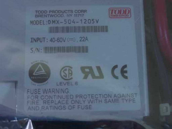 Todd Products DMX-504-1205V label showing model number, 40-60V DC 0.22A input, UL CE CSA certifications