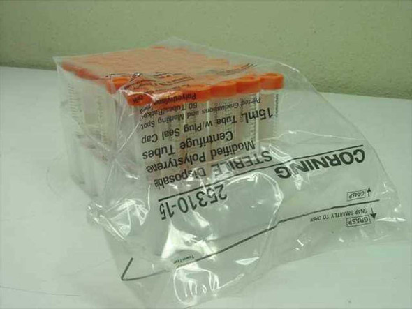 Corning 25310-15 15mL Centrifuge Tubes pack of 50 in bag, side view showing label with product details and tube rack