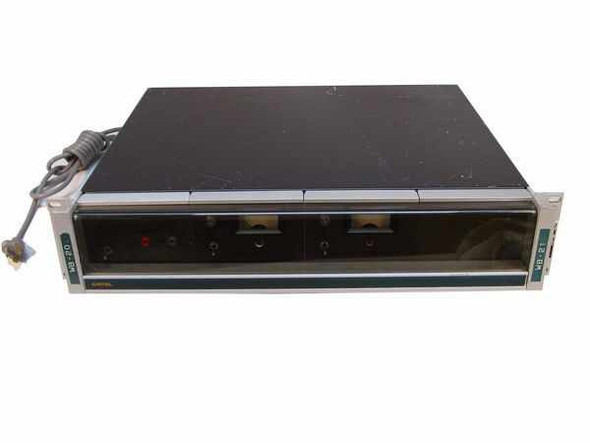 Catel CA-2100 dual video FM modulator rack front view showing two VFMM-2000 modules in 2U rackmount chassis with power cord