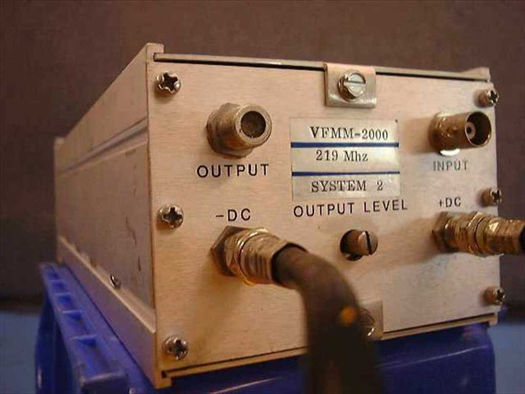 Catel VFMM-2000 rear panel showing BNC coaxial Output and Input ports, -DC and +DC Output Level controls, and VFMM-2000 219 MHz System 2 label