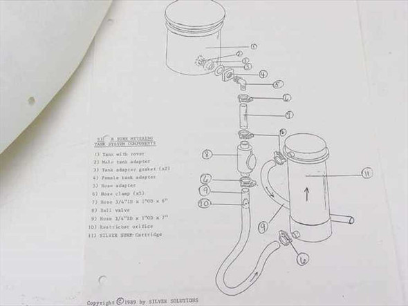 Silver Solutions Silver Sure Metering Tank System – exploded parts diagram from included instruction sheet, copyright 1989, showing numbered components including tank with cover, adapters, hose clamps, hoses, ball valve, restrictor orifice, and Silver Sure Cartridge