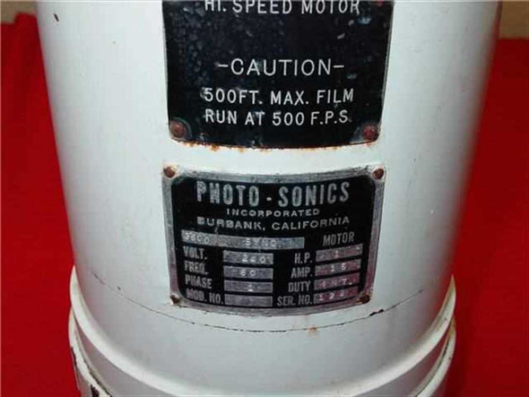 Photo-Sonics rating plate close-up showing 240V, 1HP, 1-Phase, 60Hz, 1A, 3600 RPM specs and Burbank California manufacture label