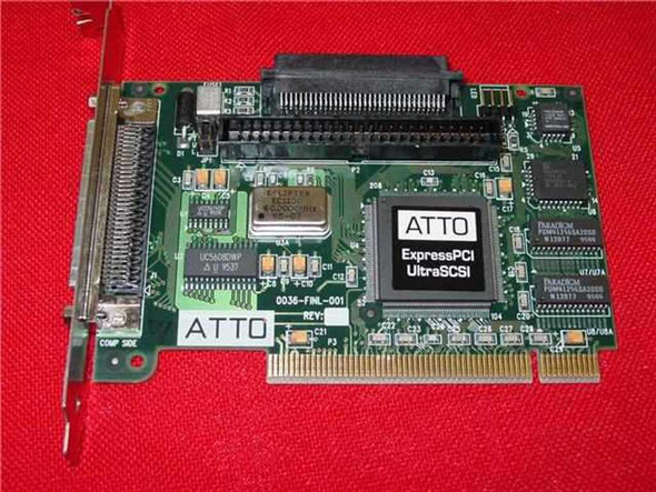 ATTO ExpressPCI Ultra SCSI PCI host adapter card 0036-FINL-001 — front component side showing ATTO controller chip, 68-pin HD SCSI connector, and 50-pin Centronics connector