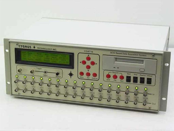 Cygnus Technology CDAT16 16-Channel SCSI Data Acquisition System — front panel view showing LCD display, channel inputs, and tape drive