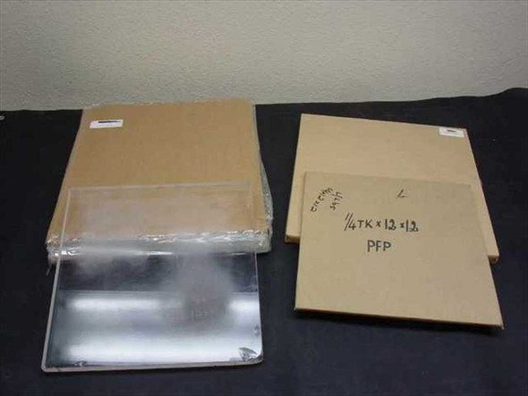 Soda lime glass plate lot — open cardboard box with wrapped glass stack and labeled box showing 1/4TK x 12x12 PFP