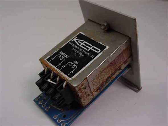 KEP 476666-1 counter rear view showing Kessler-Ellis Products label, add and subtract terminal connections, and driver PCB with visible corrosion on housing