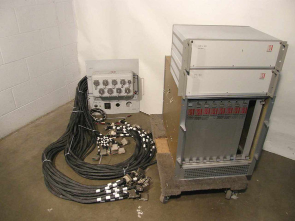 Maxsys VSX 465 satellite test station full set — large cable chassis on cart, VSX interface adapter unit, and cable harness spread on floor