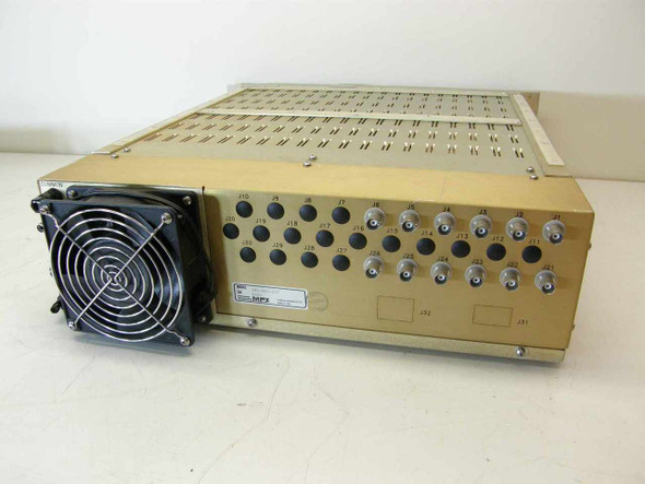 Metraplex MPX 182-493-115 rear panel showing BNC connectors, signal outputs, and rear-mounted cooling fan