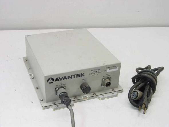 Avantek PS-110-004 satellite power supply front panel view showing Avantek logo, J1 DC output connector, power cord, and label with model and part number