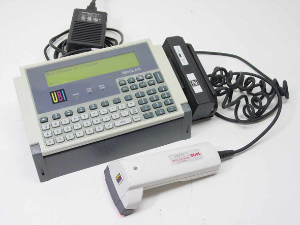 UBI MaxiLAN 1P barcode terminal front view with QWERTY keyboard, LCD display, ScanPlus SP laser scanner, magnetic stripe card reader, and power adapter