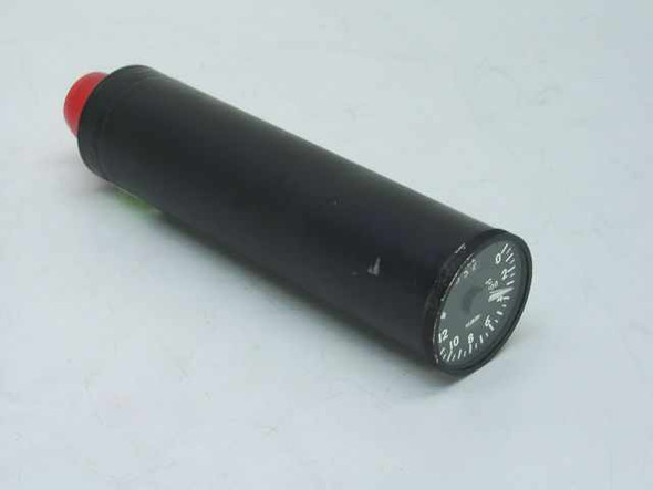 Lewis Engineering 502BL72 thermocouple indicator – side profile view showing cylindrical black housing with red-capped rear and circular dial face at front