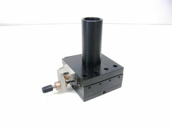 Linear stage optical mount with black anodized aluminum body and removable threaded optical tube – front-left quarter view showing drag screw knob