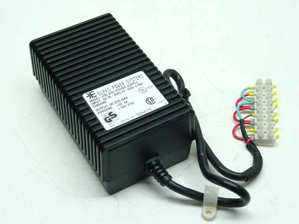 Elpac WRI 2721 power supply front-right view showing finned black chassis, AC power cord, and multi-pin output lead connector
